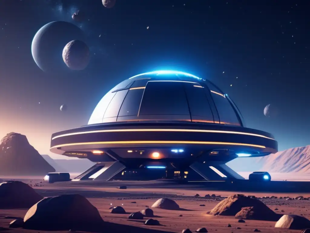 Futura base minera en asteroide con IA Importancia de IA en minería de asteroides: Base futurista en asteroide con máquinas y drones extrayendo recursos, rodeados de estrellas y galaxias