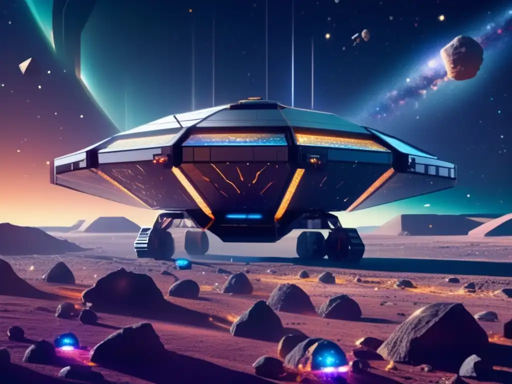 Futuro minero espacial en asteroide gigante Importancia IA en minería de asteroides: imagen futurista de operación minera espacial en asteroide, tecnología avanzada y maravillas cósmicas