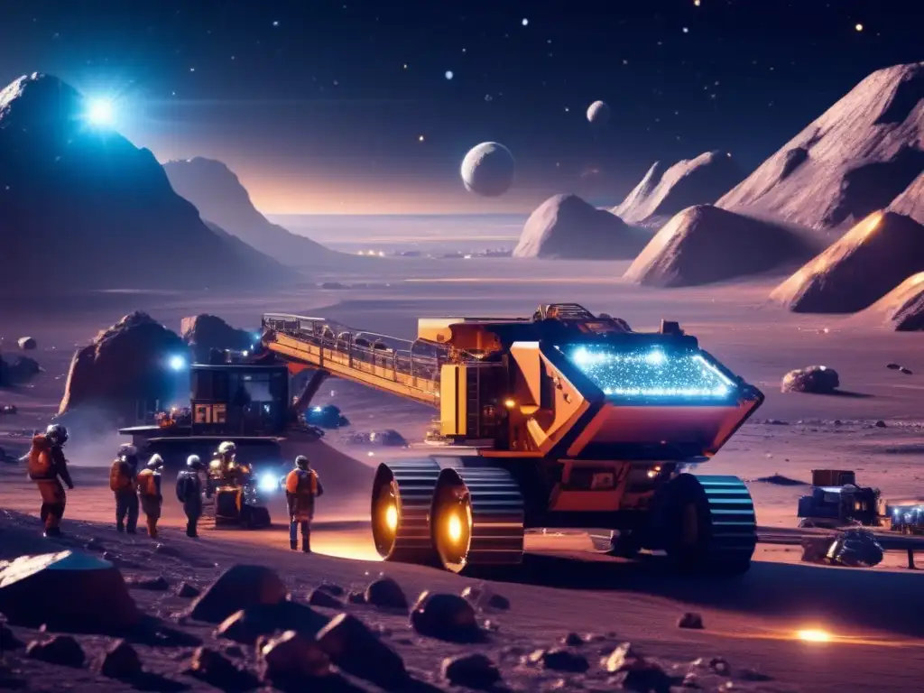 Importancia IA en minería asteroides: Operación futurista 8k en asteroide con equipos