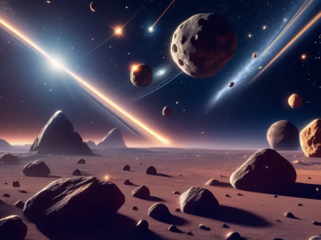Espectacular danza de asteroides Importancia de resonancias gravitacionales en asteroides: escena celestial con asteroides en movimiento, órbitas destacadas
