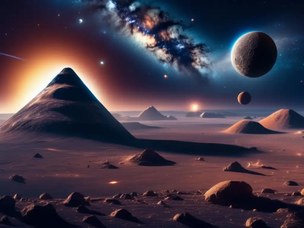 Majestuoso paisaje cósmico con asteroides y resonancia gravitacional Importancia de resonancias gravitacionales en asteroides: escena cósmica con polvo estelar, asteroides y patrones orbitales