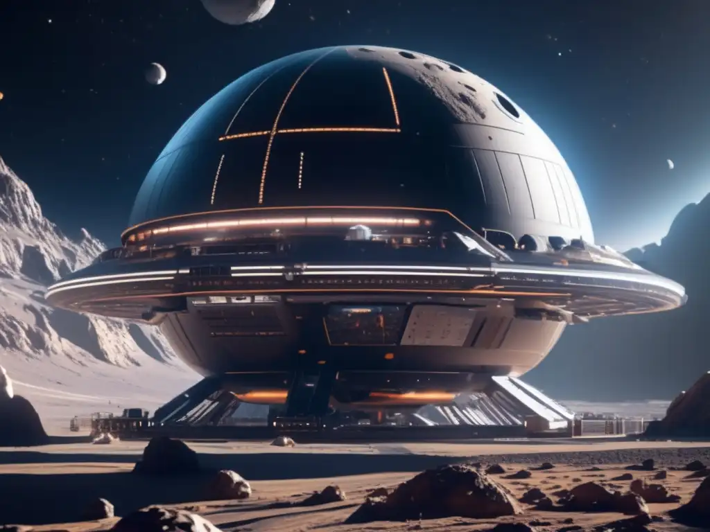 Estación espacial futurista en asteroide Importancia de subvenciones en exploración de asteroides: estación espacial futurista y flota avanzada de naves espaciales en asteroides