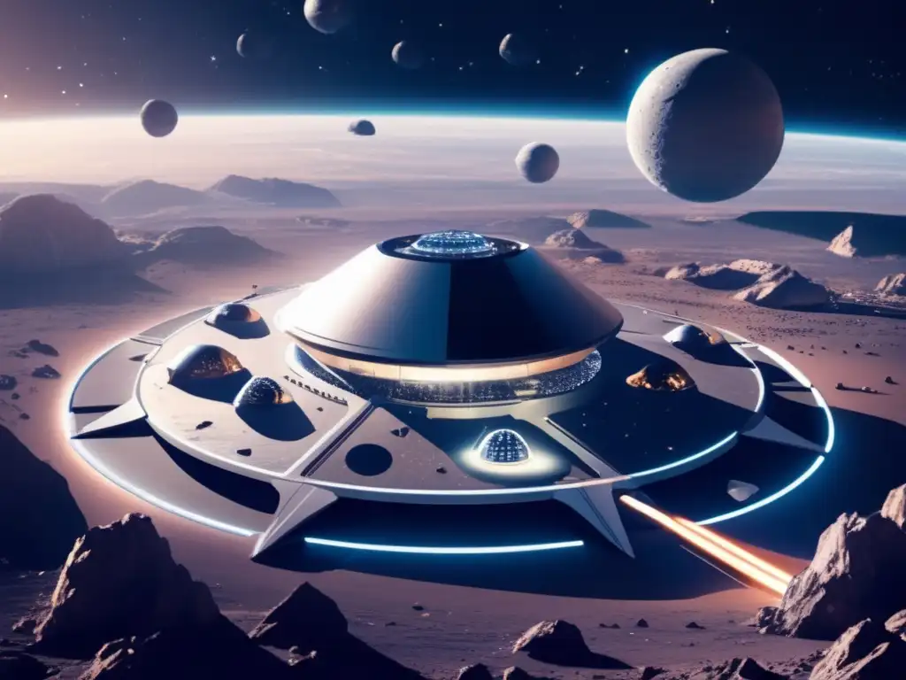 Spaceport futurista en campo de asteroides Importancia turismo espacial en asteroides: Futurista espacioporto en campo asteroidal con arquitectura metálica, lanzaderas y naves brillantes