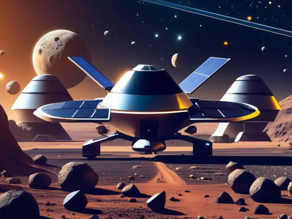 Futurista estación espacial en campo de asteroides Importancia turismo espacial asteroides: estación futurista en campo asteroides metálicos, turismo y minería, contrastando con la Tierra