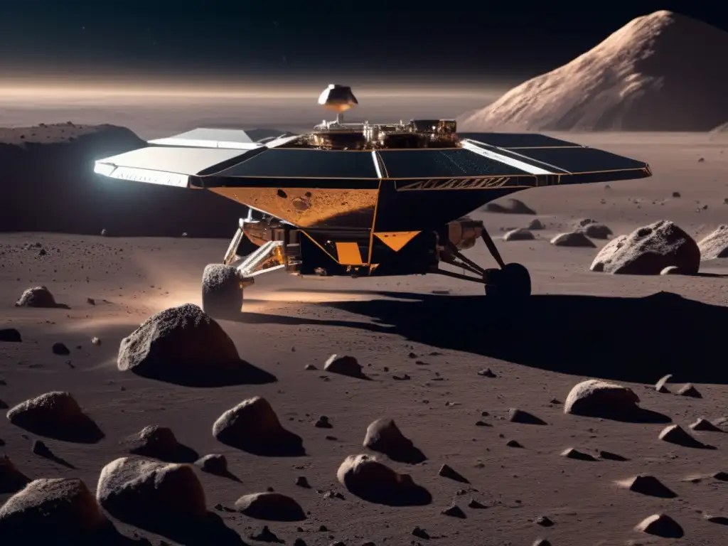 Importancia zonas regolito en asteroides: imagen de nave espacial sobre superficie asteroidal con detalles de regolito y su importancia científica