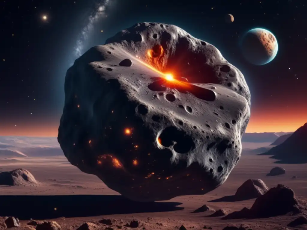 Asteroide masivo acercándose a la Tierra Un impresionante asteroide 8k, detallado y masivo, con su superficie rugosa, cráteres profundos y bordes irregulares