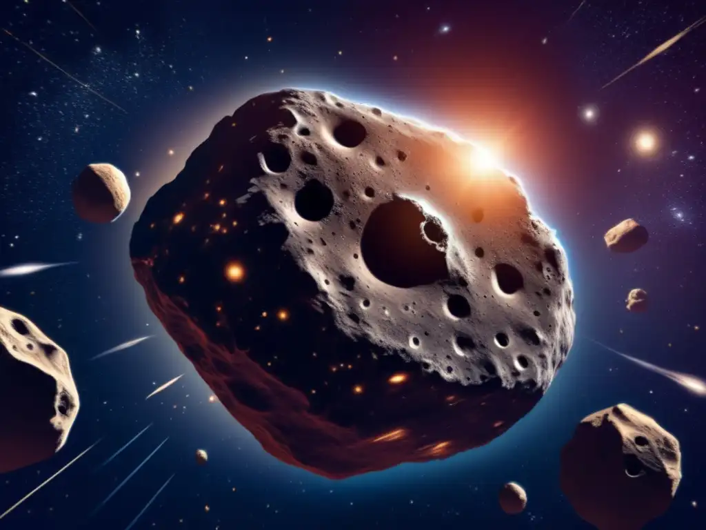 Asteroide masivo en el espacio Un impresionante asteroide en el espacio rodeado de estrellas y galaxias, mostrando su historia antigua y los impactos sufridos