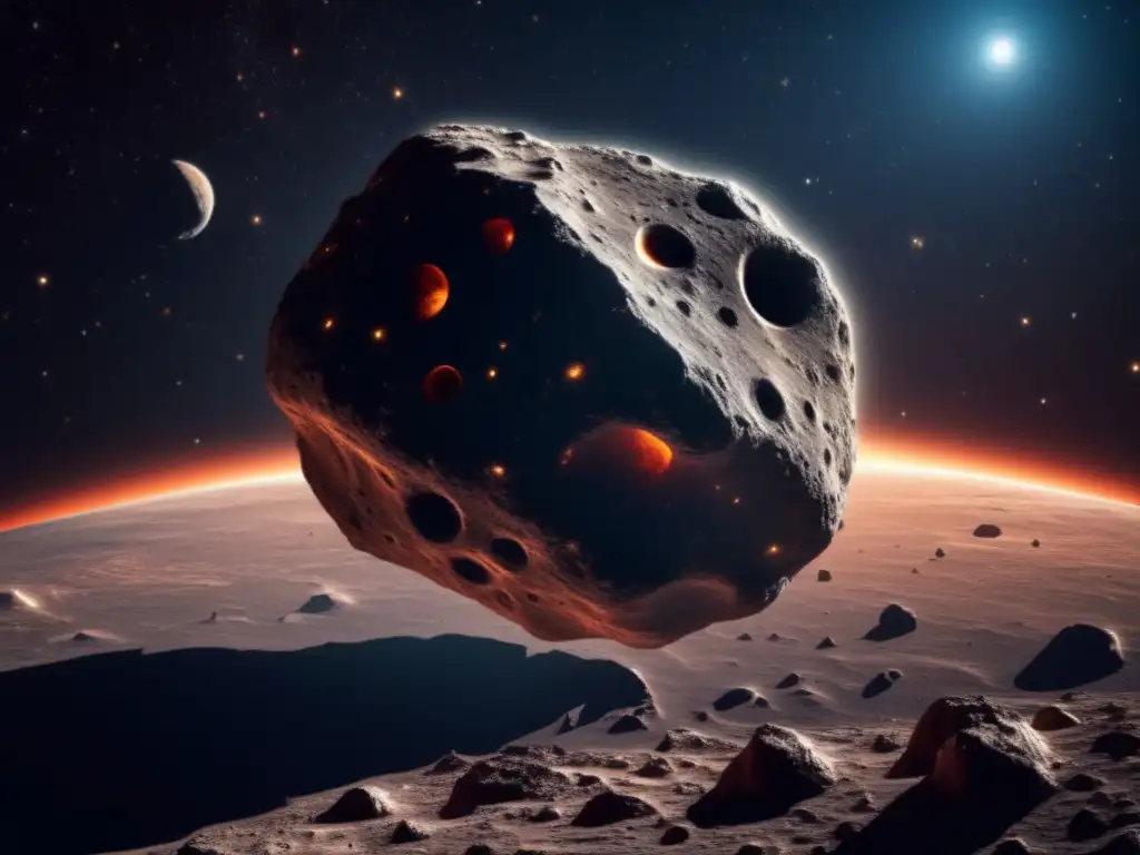 Asteroide majestuoso flotando en el espacio Un impresionante asteroide en el espacio: textura rugosa, cráteres, colores grises, rojizos y marrones