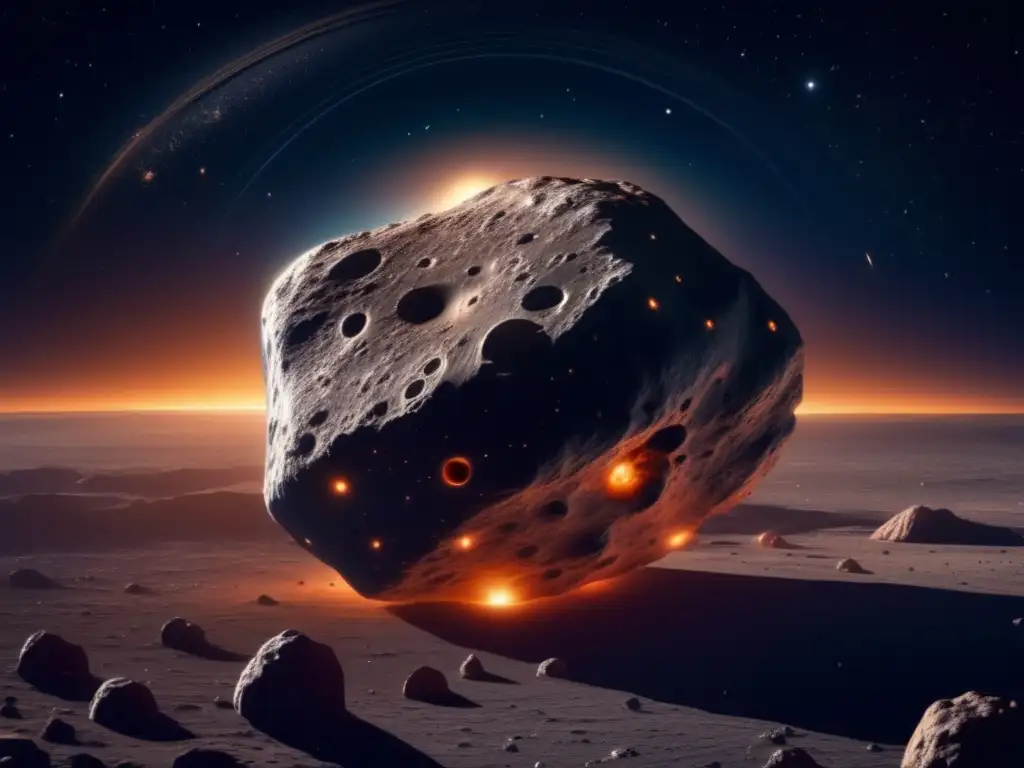 Asteroide épico flotante en el espacio Un impresionante asteroide en 8k, iluminado por estrellas, revela la historia cósmica