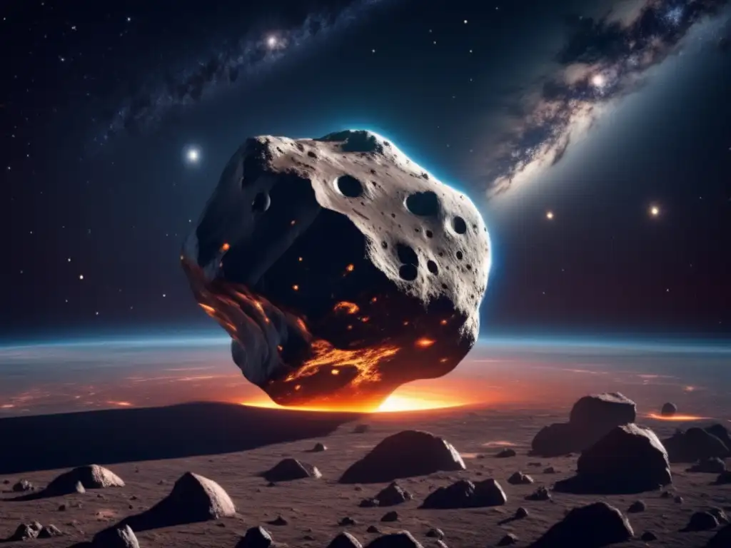 Asteroide masivo acercándose a la Tierra Un impresionante asteroide 8K en ruta hacia la Tierra, con superficie rocosa, cráteres profundos y bordes irregulares