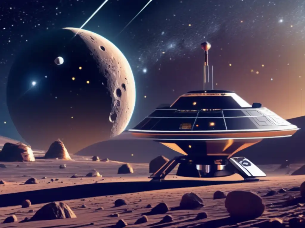 Sonda espacial autónoma en cinturón de asteroides Ilustración impresionante de avances en IA para navegación autónoma en asteroides