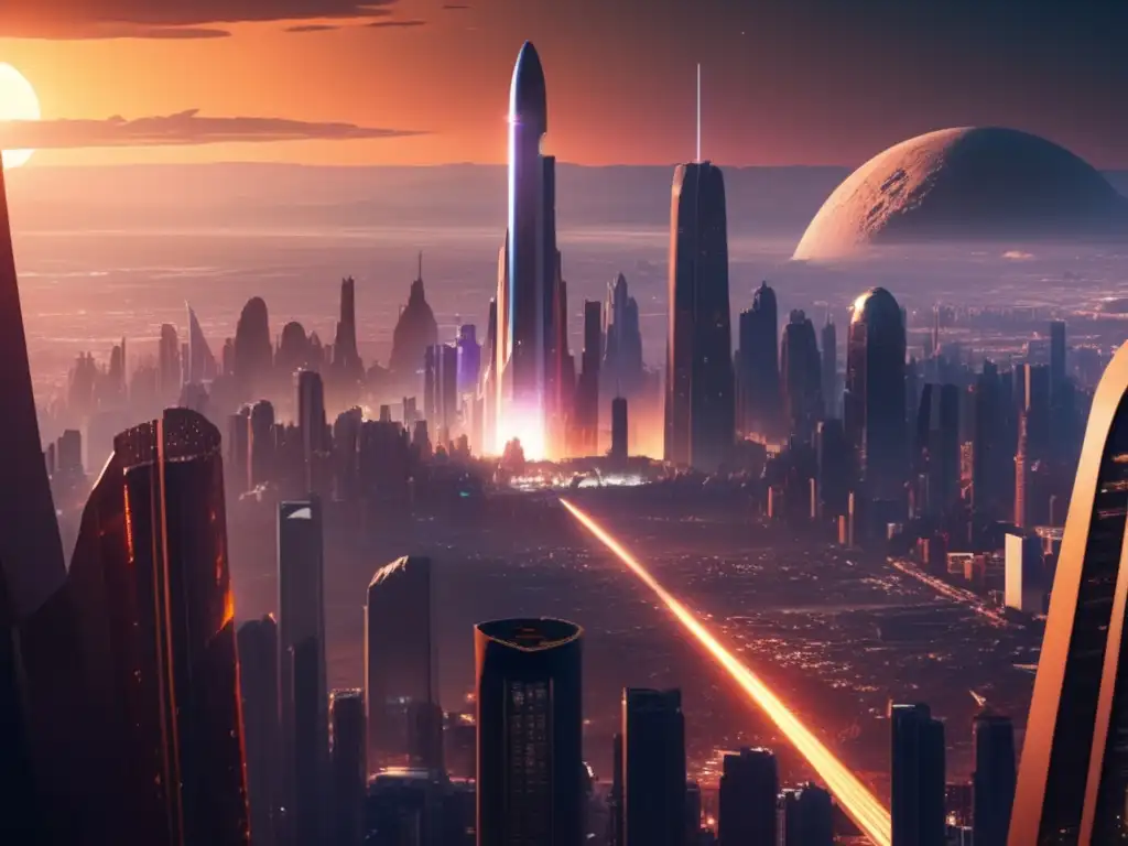Futuristic cityscape under asteroid threat Impresionante ciudad futurista con asteroides, defensa global y tecnología avanzada