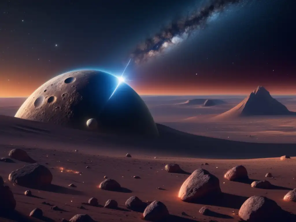 Asombroso asteroide en cosmos estrellado Un impresionante cosmos estrellado con un asteroide realista en primer plano