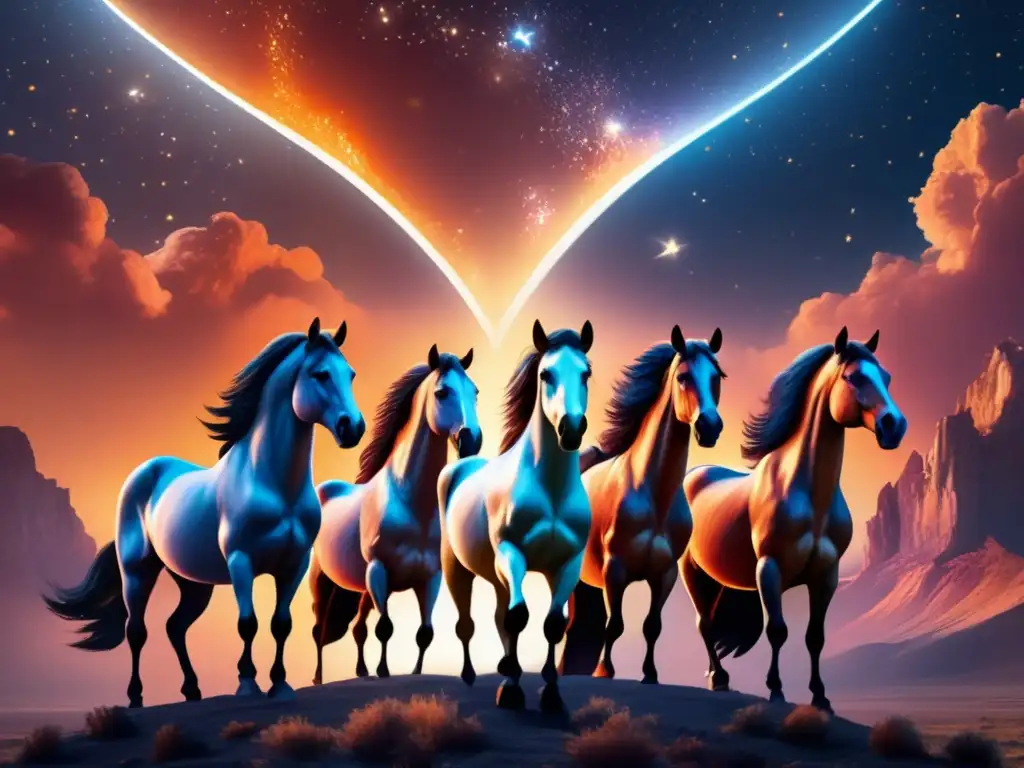 Centauros celestiales en majestuosa escena Impresionante escena celestial con centauros majestuosos en un vibrante cielo estrellado