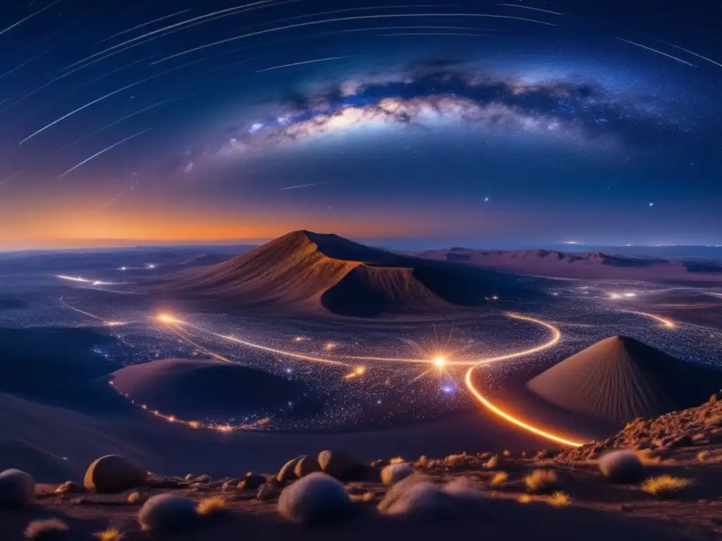 Espectacular vista nocturna estelar Una impresionante imagen 8k muestra el asombroso cielo estrellado con una lluvia de meteoritos y un imponente asteroide