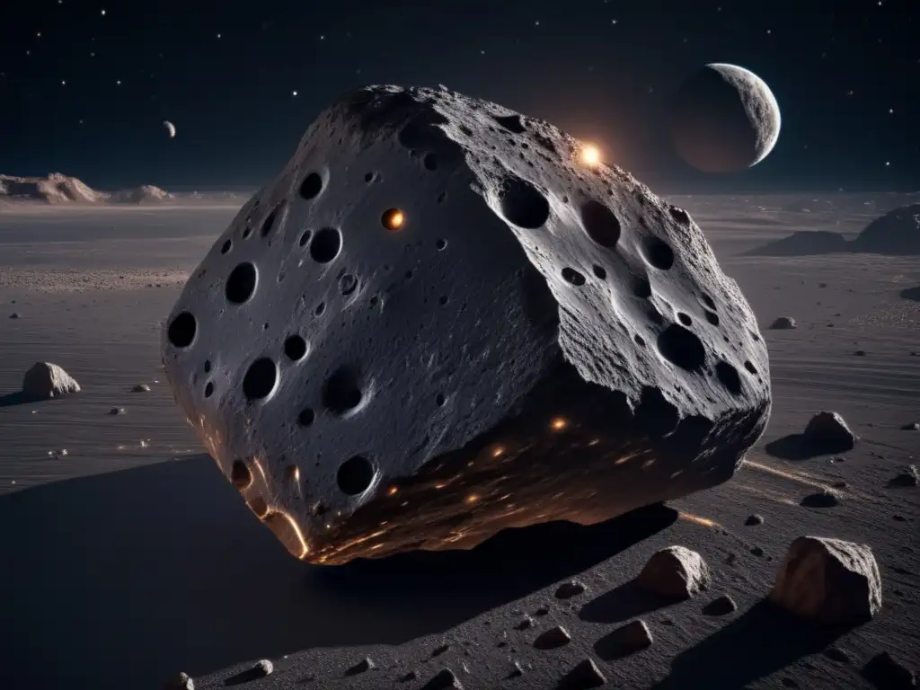 Asteroide oscuro flotando en el espacio Impresionante imagen en 8k de un asteroide oscuro y rocoso flotando en el espacio - Desmontando mitos asteroides espacio
