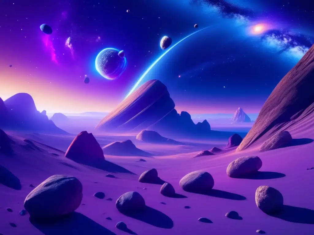Impresionante vista de galaxia y asteroides Impresionante imagen 8k muestra formación y evolución de asteroides en vibrante galaxia azul y morada