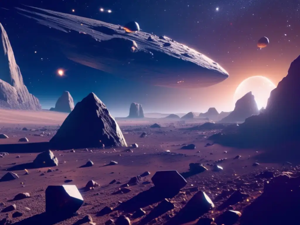 Campo de asteroides: belleza y potencial Una impresionante imagen de un campo de asteroides en el espacio, con una nave espacial minera en primer plano