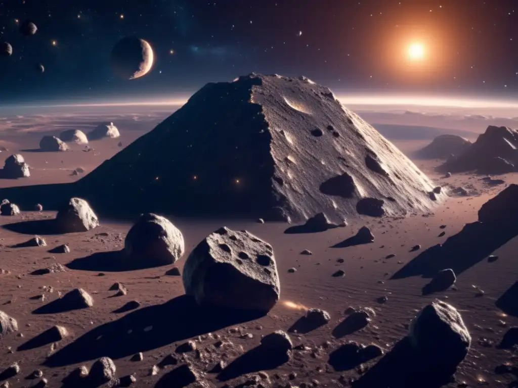 Impresionante campo de asteroides en el espacio Impresionante imagen 8k de un campo de asteroides en el espacio, con legislación espacial sobre reclamo de asteroides