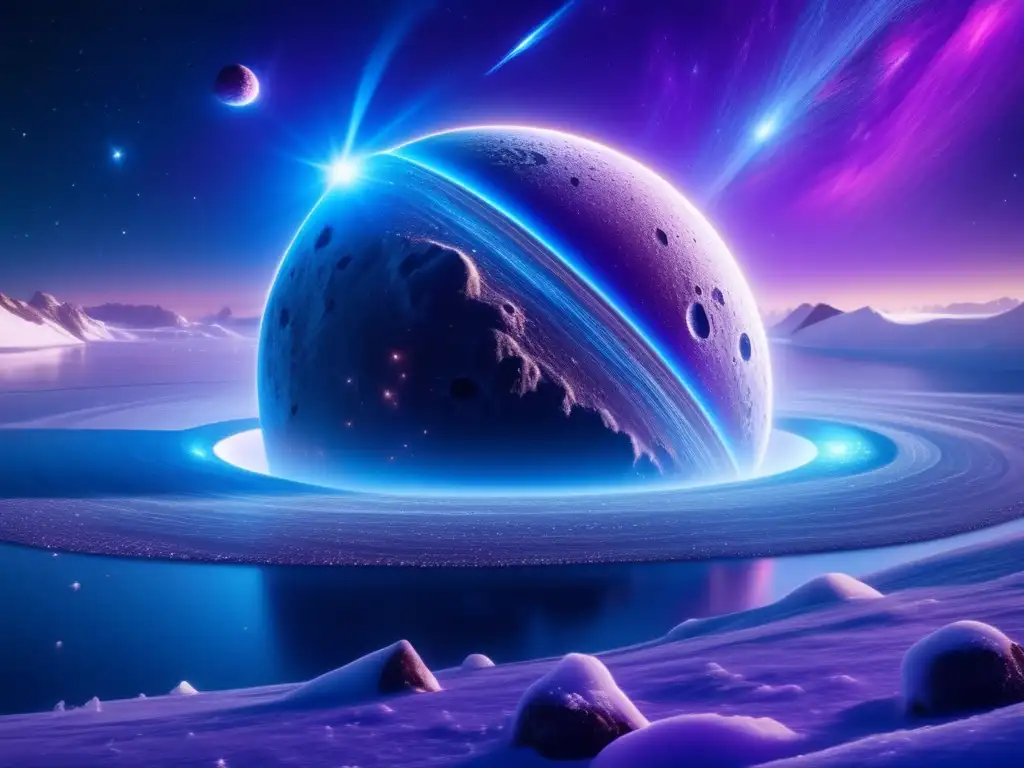 Escena celestial con asteroide helado y sistema solar Impresionante imagen 8K captura escena celestial con asteroides helados: enigmas y impacto