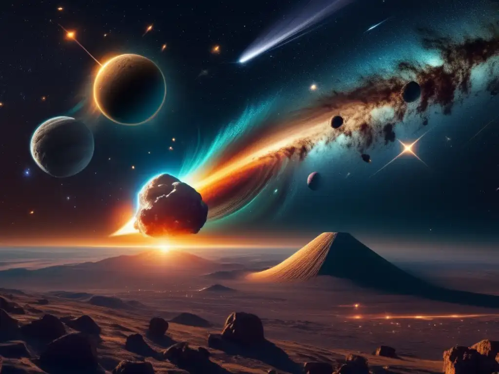 Impresionante imagen 8k de cometas y asteroides Impresionante imagen 8k de escena celestial con cometa, asteroides y estrellas