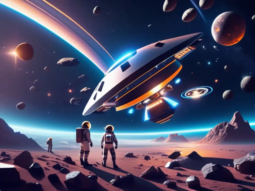 Futurista estación espacial flotando en el espacio Una impresionante imagen en 8k muestra una estación espacial futurista rodeada de asteroides