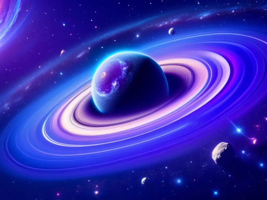Galaxia enigmática y asteroide suspendido Una impresionante imagen en 8k de una galaxia vasta y turbulenta en tonos de azul y púrpura