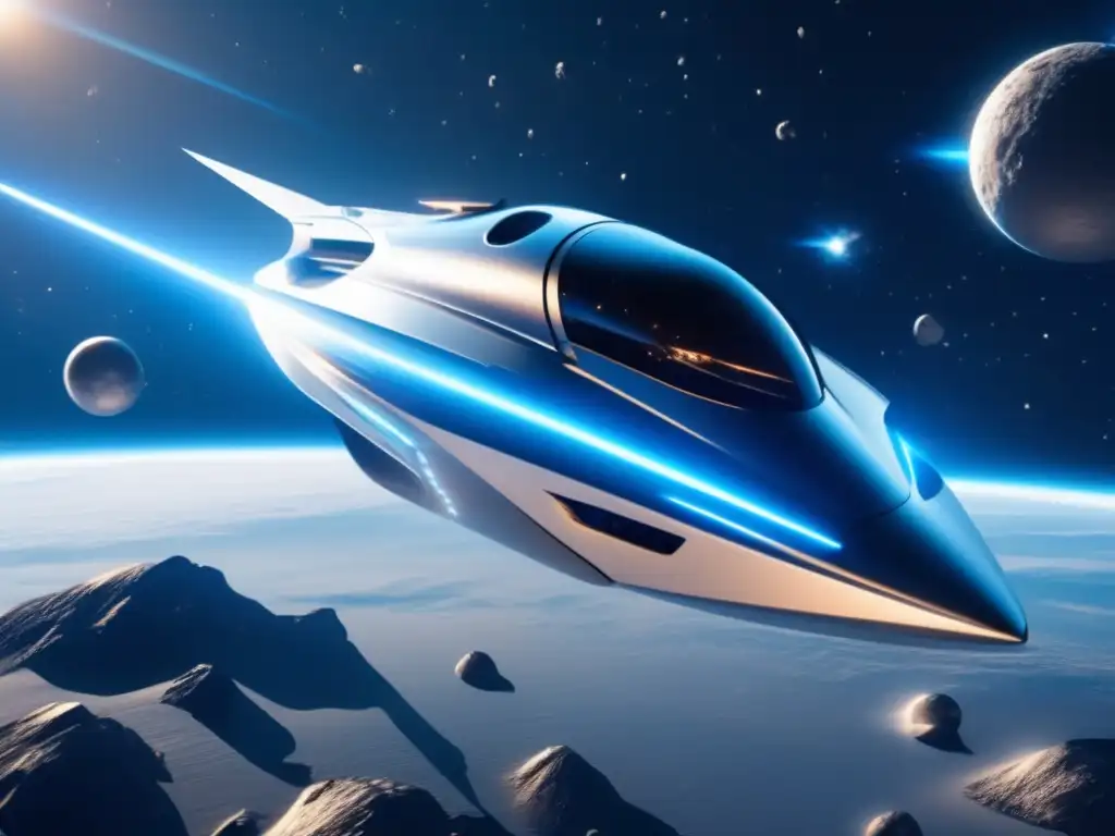 Nave espacial futurista en el espacio Impresionante imagen 8k de una nave futurista propulsada por iones en el espacio, rodeada de asteroides y galaxias