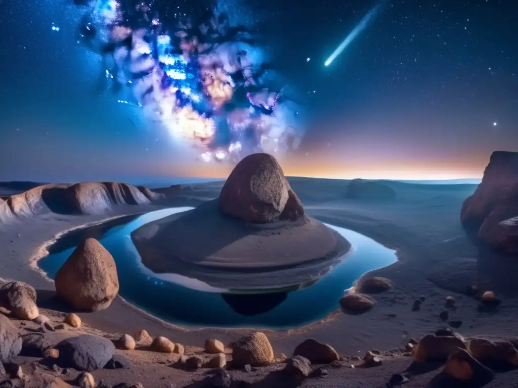 Noche estrellada con asteroide amenazante Impresionante imagen 8k de noche estrellada con la Vía Láctea y amenazante asteroide - Probabilidad impacto asteroide tierra