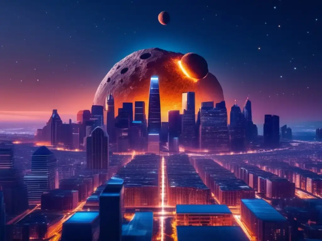 Ciudad futurista bajo amenaza Impresionante imagen nocturna de ciudad con asteroide, destacando la grandeza del universo y las obras literarias inspiradas en asteroides