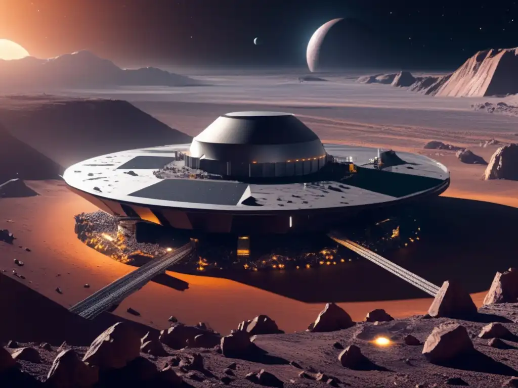 Ilustración 8k impresionante de operación minera espacial en asteroide: Explotación de recursos de asteroides