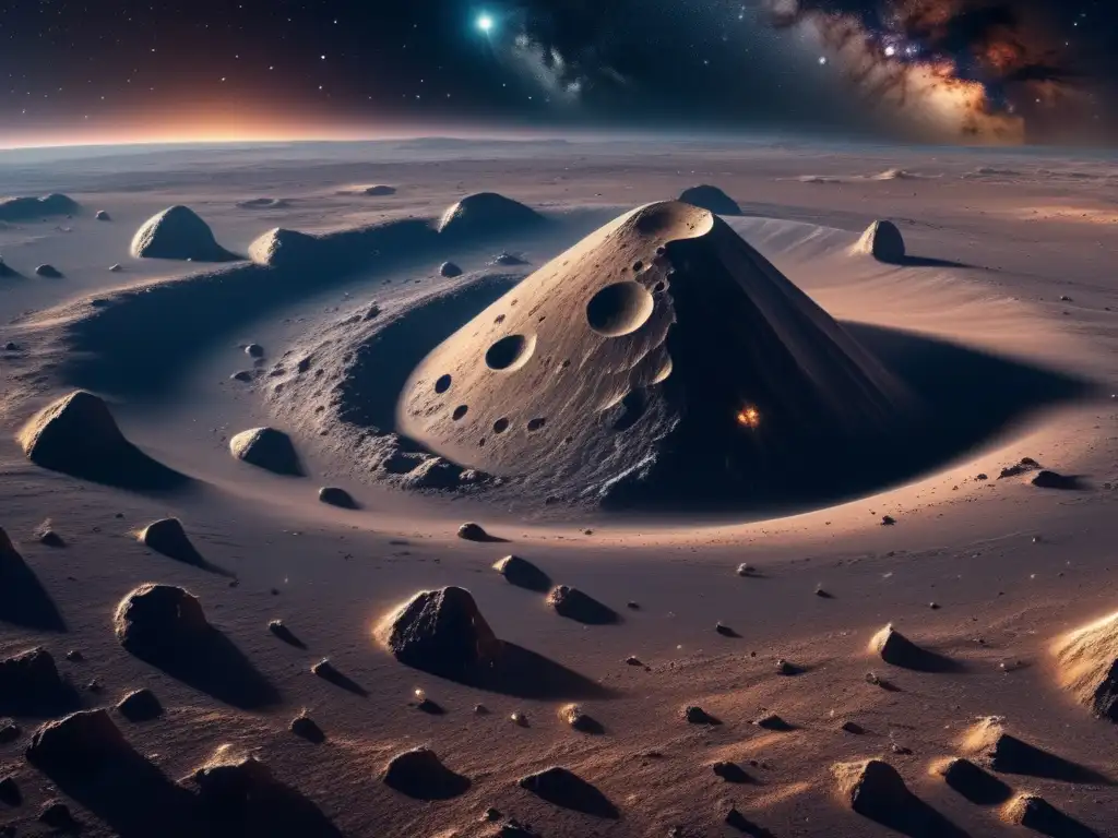 Paisaje cósmico con asteroide prominente Un impresionante paisaje cósmico en 8K, con un asteroide prominente y otros en órbita