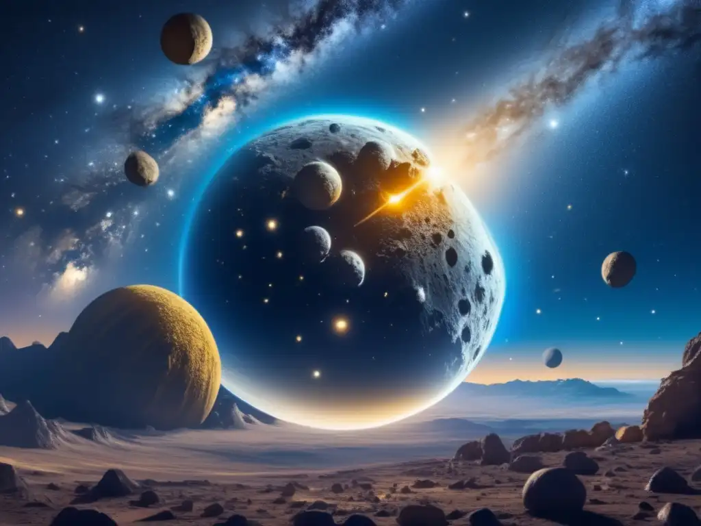 Noche estrellada con asteroide dorado Impresionante vista nocturna con asteroides: Búsqueda de respuestas en asteroides