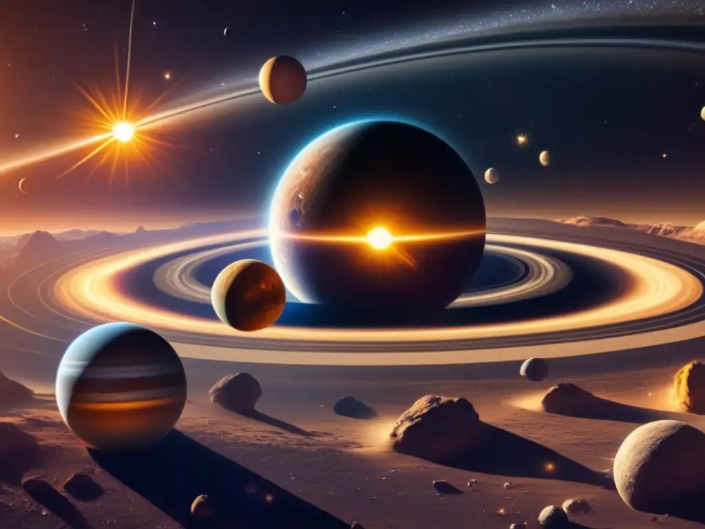 Vista detallada en 8K del sistema solar Impresionante vista 8K del sistema solar con asteroides, planetas y nebulosas