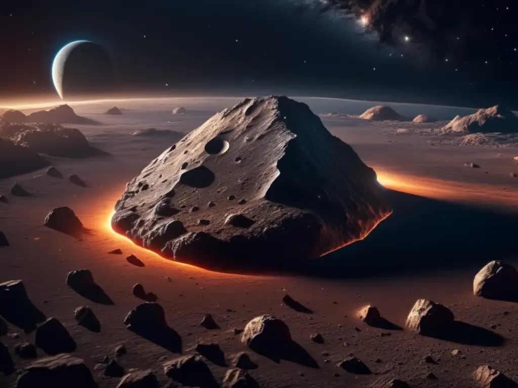 Un increíble paisaje de un asteroide en el espacio, con cráteres y formaciones rocosas, iluminado por estrellas