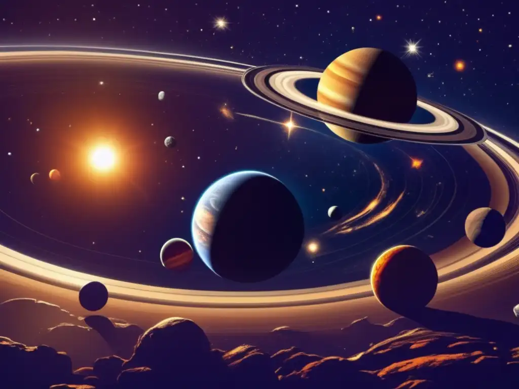 Impresionante vista del sistema solar Increíble vista del sistema solar con planetas y asteroides en el Cinturón de Kuiper