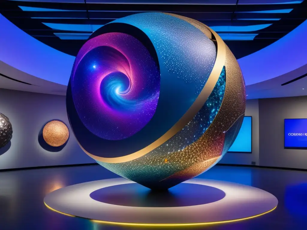Instalación de arte: Colisión Cósmica Influencia artística de los asteroides: instalación de arte moderno con escultura de asteroide suspendida y colores vibrantes