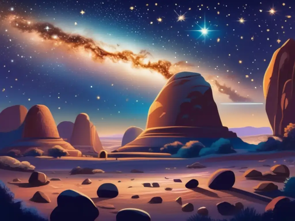Arte astral antiguo en formación rocosa Influencia artística de los asteroides: fascinante imagen de un cielo nocturno estrellado y pinturas rupestres vibrantes