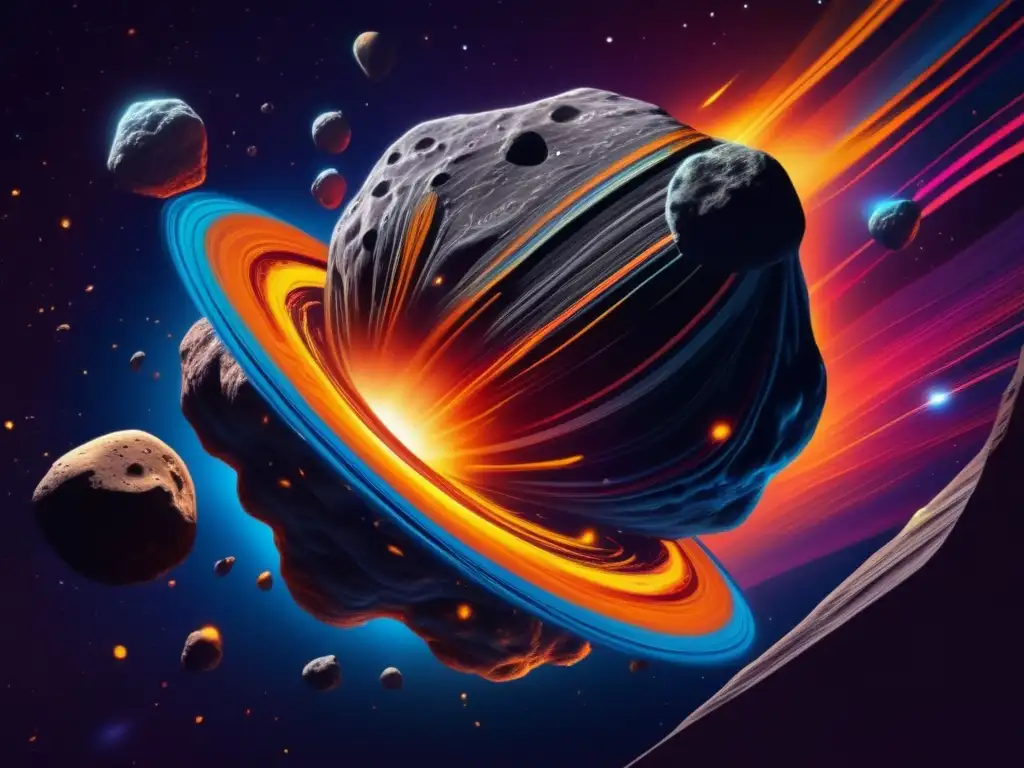 Formación y evolución de asteroides en 8k Influencia artística de los asteroides: Imagen 8k detallada muestra evolución y formación de asteroides, con colores vibrantes y movimiento cósmico