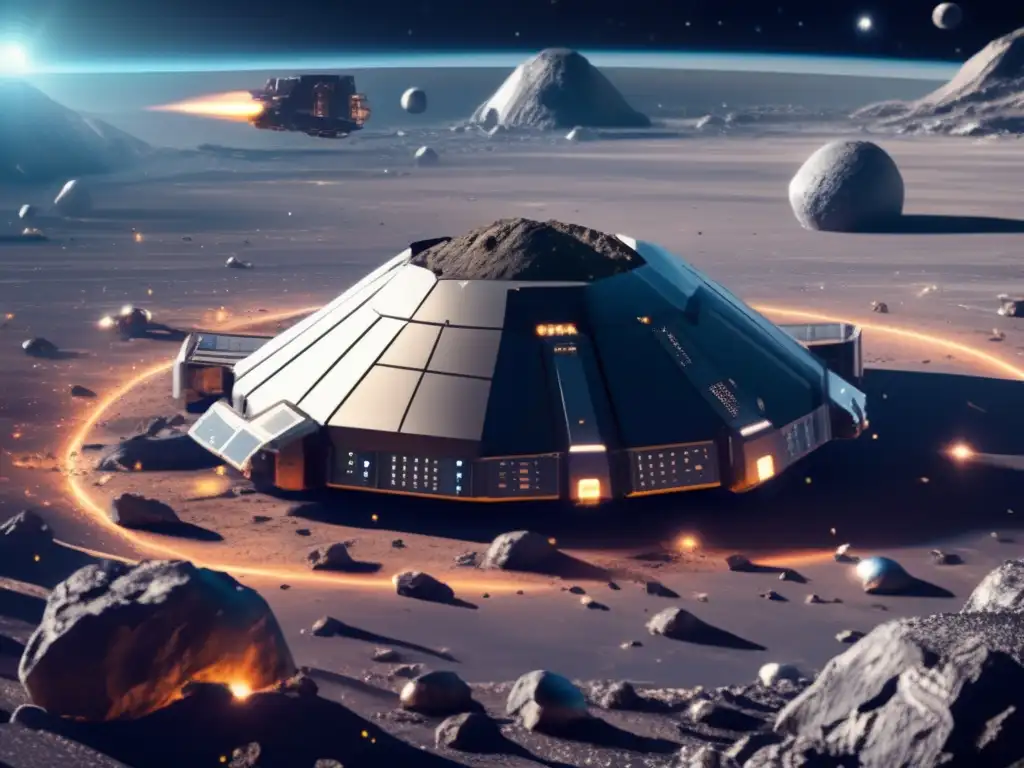 Asteroid mining in space: futuristic scene Influencia artística de los asteroides en la minería espacial