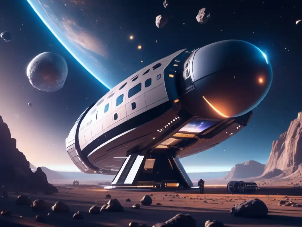 Influencia asteroides en comercio internacional: estación espacial futurista orbitando asteroide, científicos y robots en acción