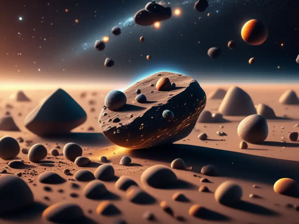 Influencia de asteroides en cuerpos celestes: imagen impactante de 8k muestra vastedad del espacio, con asteroides flotando entre galaxias