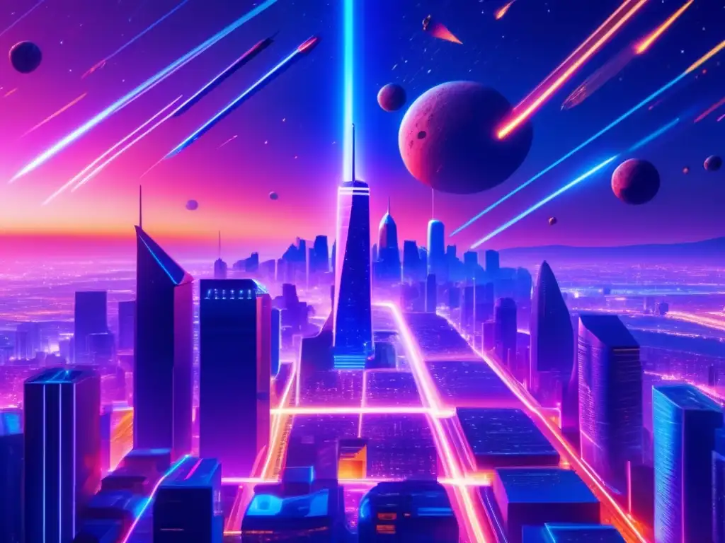 Ciudad futurista iluminada por meteoritos Influencia de asteroides en cultura pop: Futurista ciudad nocturna con rascacielos iluminados y meteórica lluvia de colores contrastantes