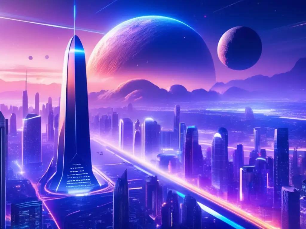 Ciudad futurista y amenaza de asteroide Influencia asteroides en cultura pop: ciudad futurista, rascacielos, vehículos iluminados, campo energético, amenaza de asteroide