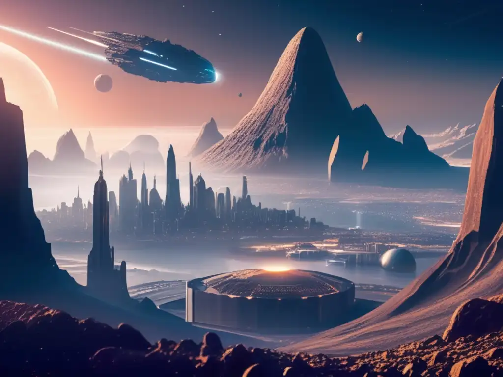 Ciudad futurista en asteroide Influencia de asteroides en la cultura pop: Futurista ciudad en asteroide con arquitectura moderna, luces neón y vehículos voladores