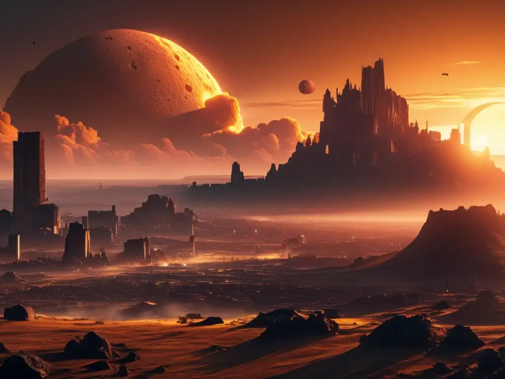 Influencia asteroides en cultura pop: ciudad postapocaliptica con asteroide
