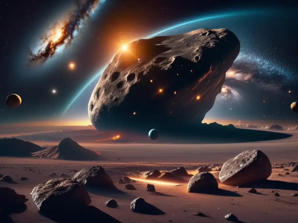 Impresionante imagen 8K del cosmos: galaxias, estrellas y el asteroide S Influencia astrológica de asteroides: escena cósmica deslumbrante en 8K, con galaxias, estrellas y el imponente Asteroide S
