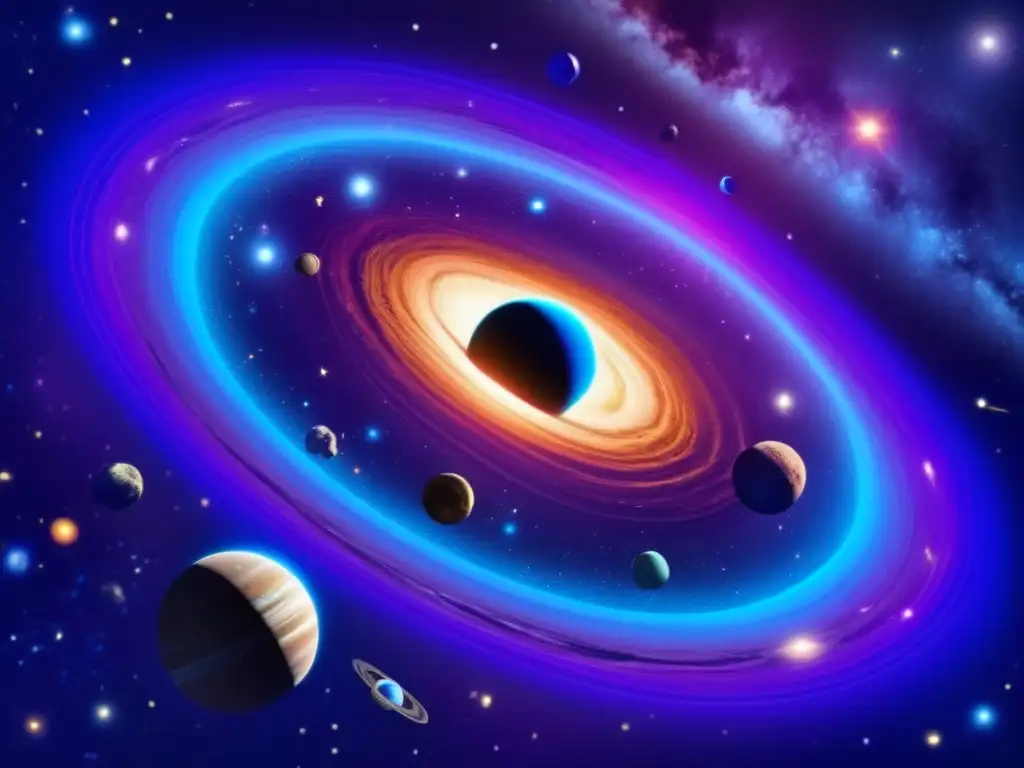 Escena cósmica con asteroides y constelaciones Influencia astrológica de asteroides en escena cósmica con estrellas, planetas y galaxias brillantes