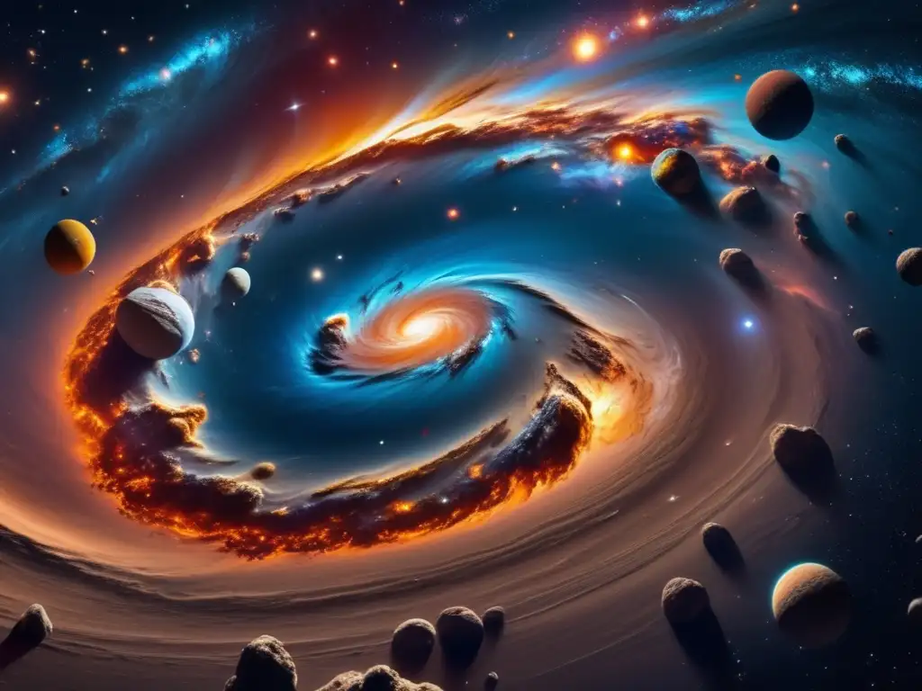 Galaxia cósmica con asteroide Influencia astrológica de asteroides en una impactante imagen 8k de una galaxia giratoria llena de colores vibrantes y estrellas brillantes