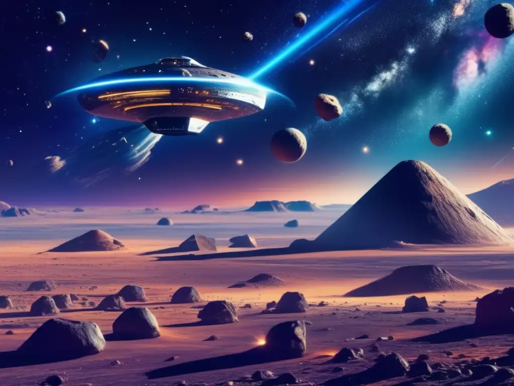 Exploración espacial y minería de asteroides Influencia de asteroides en política exterior: nave espacial futurista minera en el cosmos